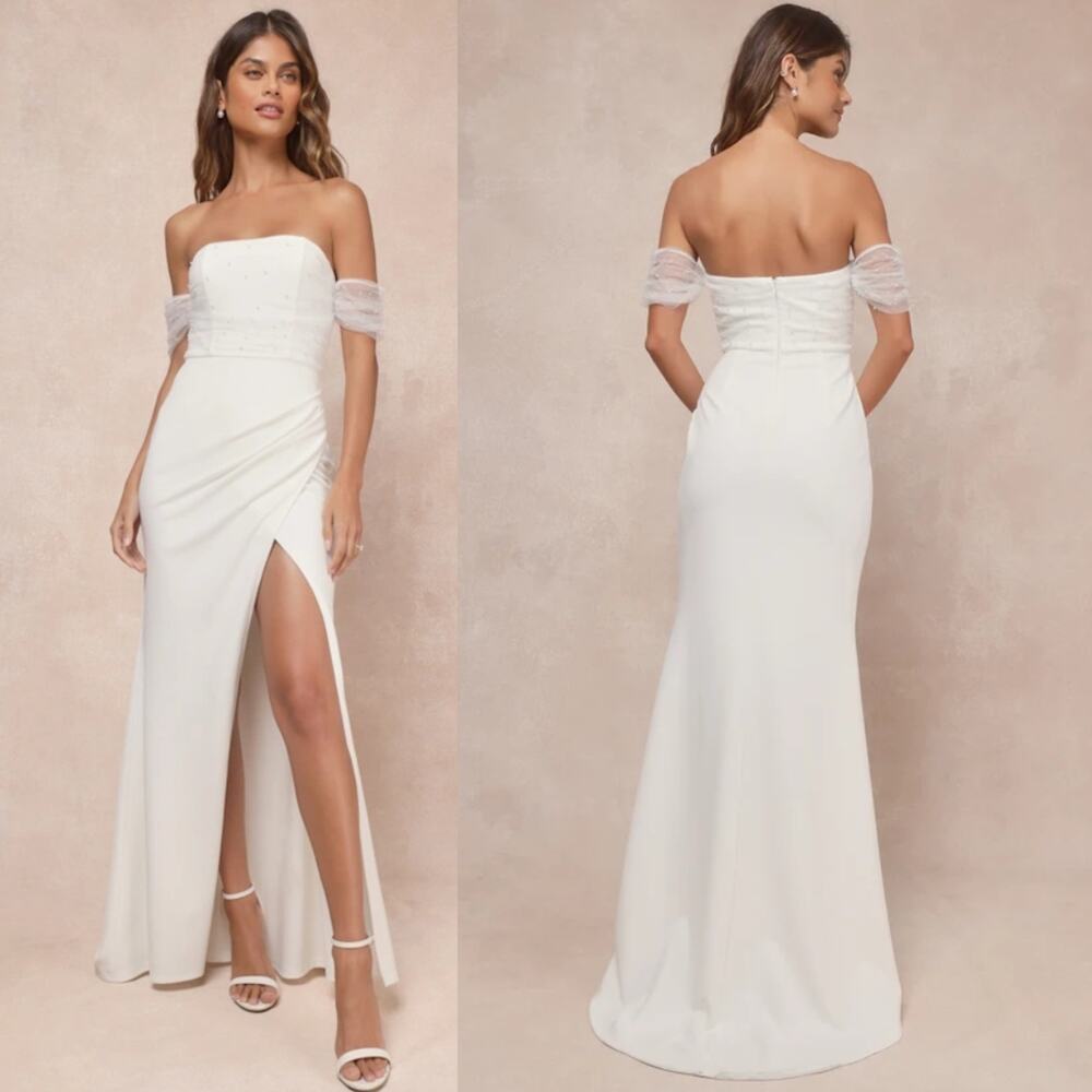 Lulus Profound Glamour Ivory Pearl Off-the-Shoulder Tulip Wedding Dress Medium
